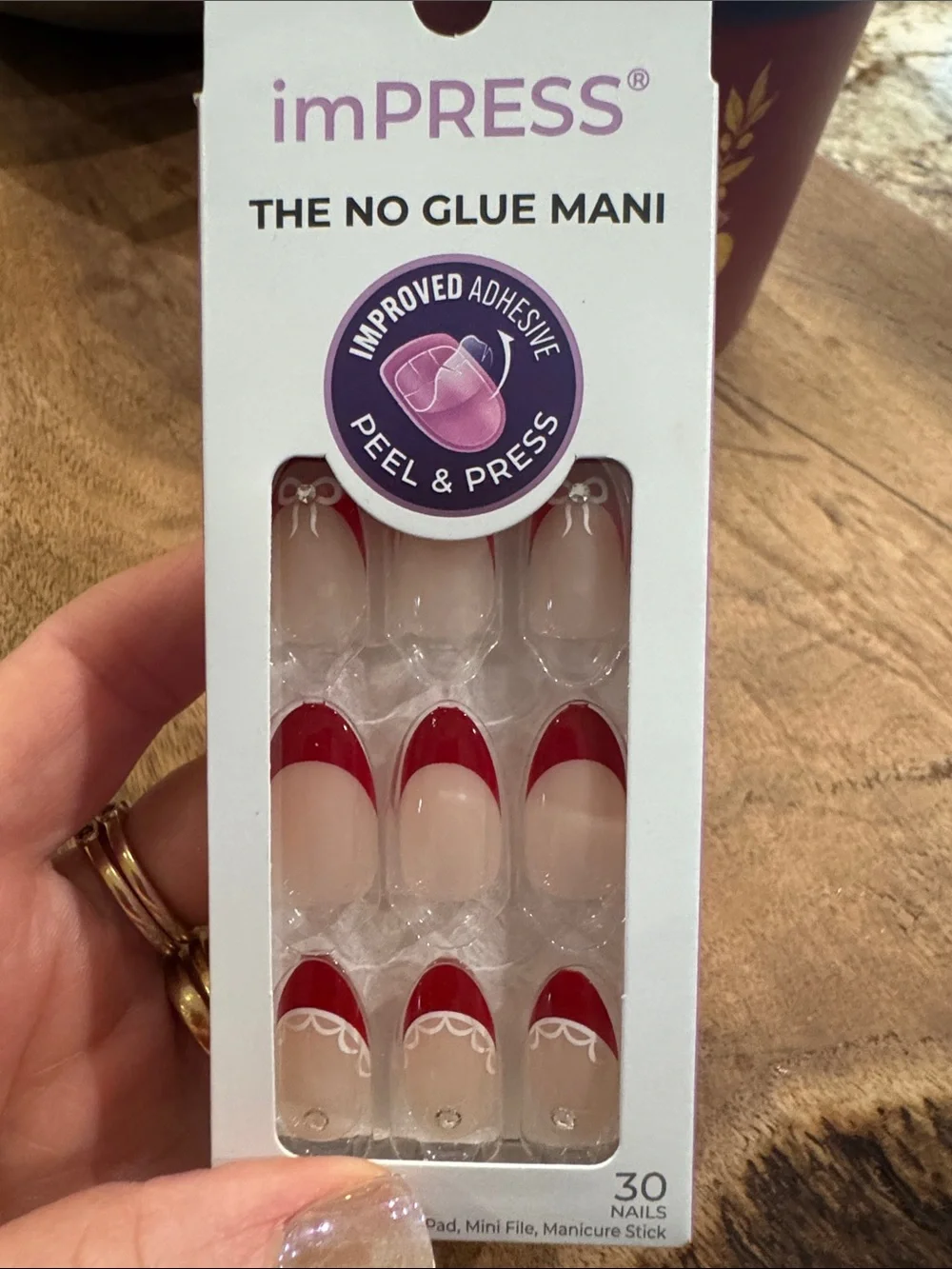 imPRESS Red and Nude French Tip Press-On Nails with White Lace & Bow Accents